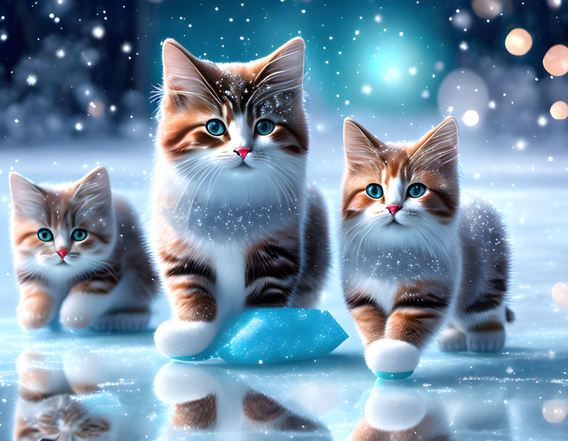 Three fluffy cats with striking blue eyes in snowy landscape