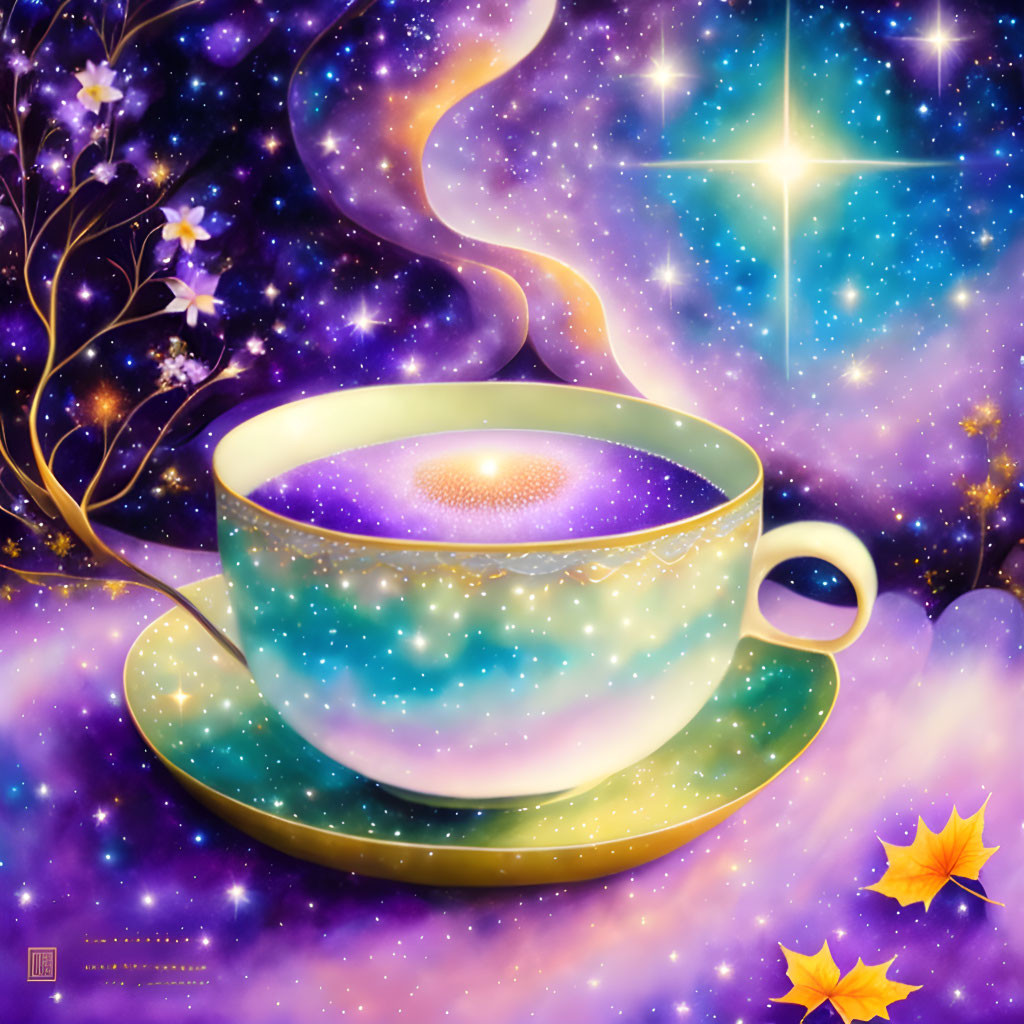 Illustration of galaxy-filled teacup on cosmic saucer with falling leaves