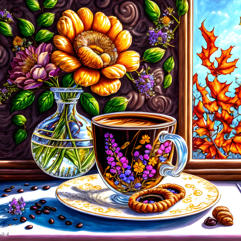 Colorful still life: coffee cup with floral design, pastries, coffee beans, vase of flowers