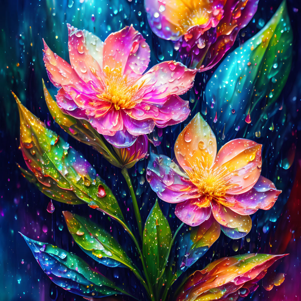 Colorful Flowers with Water Droplets on Dark Bokeh Background