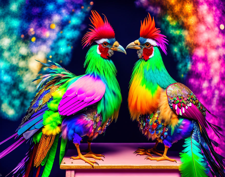 Colorful Stylized Roosters on Perch with Sparkling Background