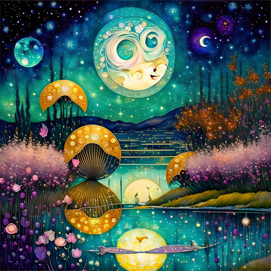 Fantasy landscape with oversized mushrooms, starry sky, celestial bodies, and a reflective river.