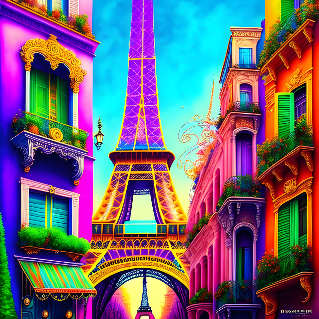 Colorful Eiffel Tower illustration with whimsical buildings under purple sky