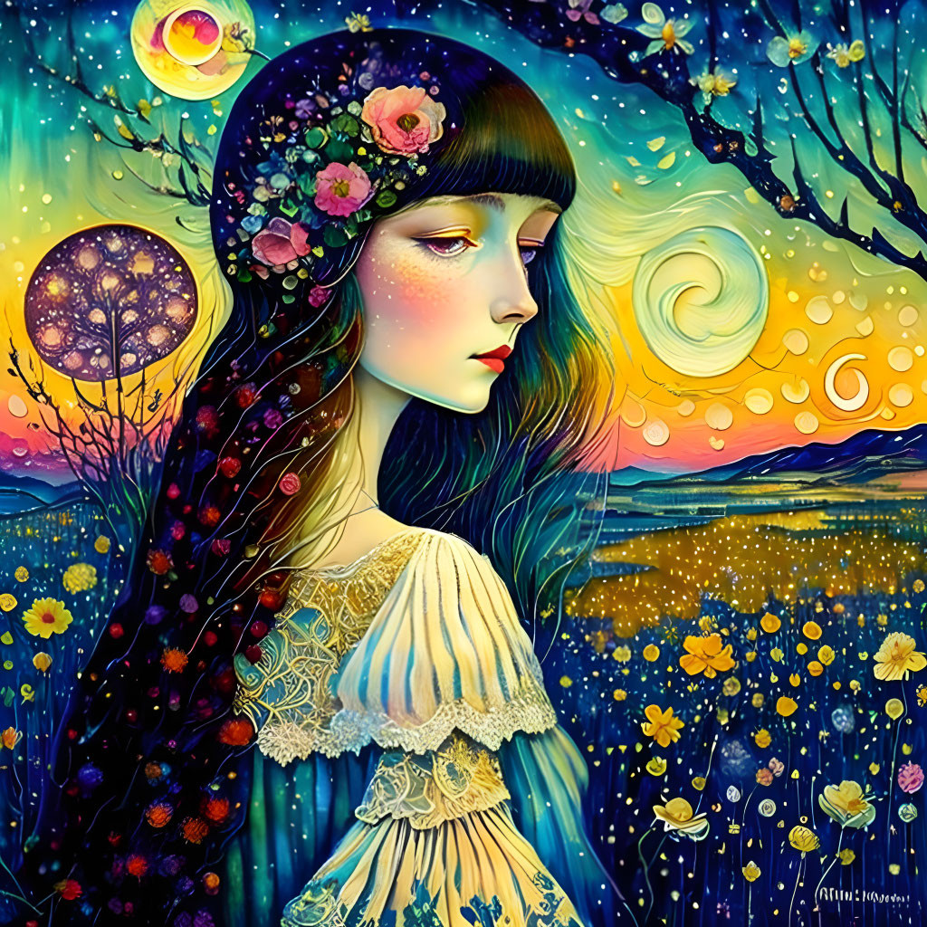 Dark-haired woman with floral adornments in vibrant moonlit scene