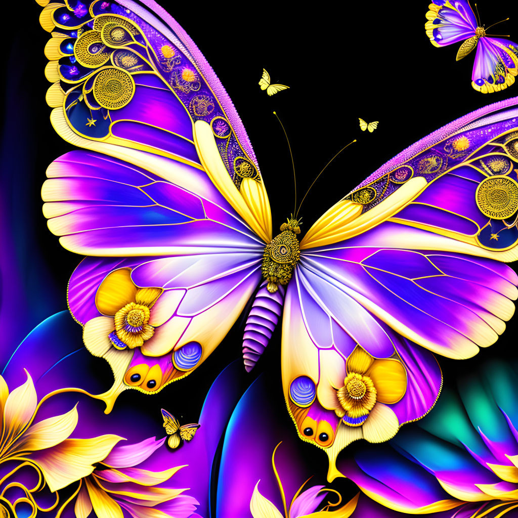 Colorful digital artwork featuring purple and gold butterfly on black background