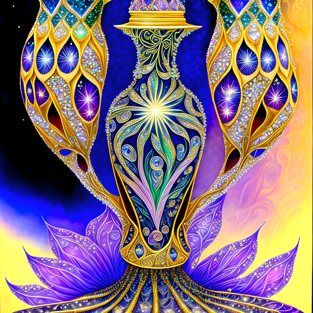 Colorful digital artwork of ornate jewel-encrusted vase on cosmic background