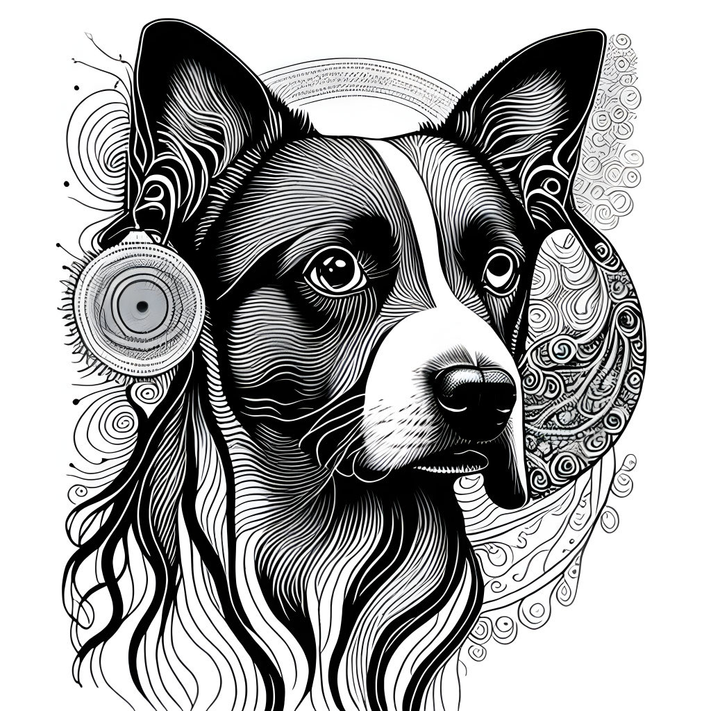 Monochromatic dog illustration with intricate patterns and swirls