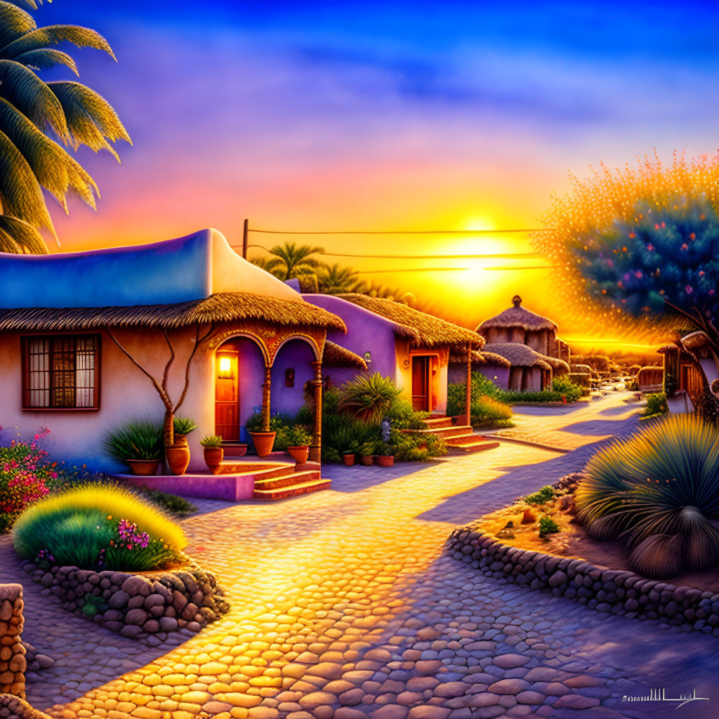 Vibrant artwork of quaint village with cobblestone paths & thatched-roof houses