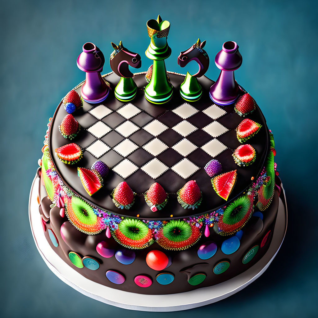 Whimsical chocolate cake with chessboard patterns and fantasy chess pieces