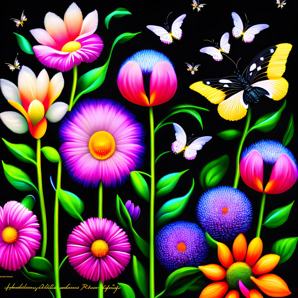 Colorful Floral Painting with Butterflies on Dark Background