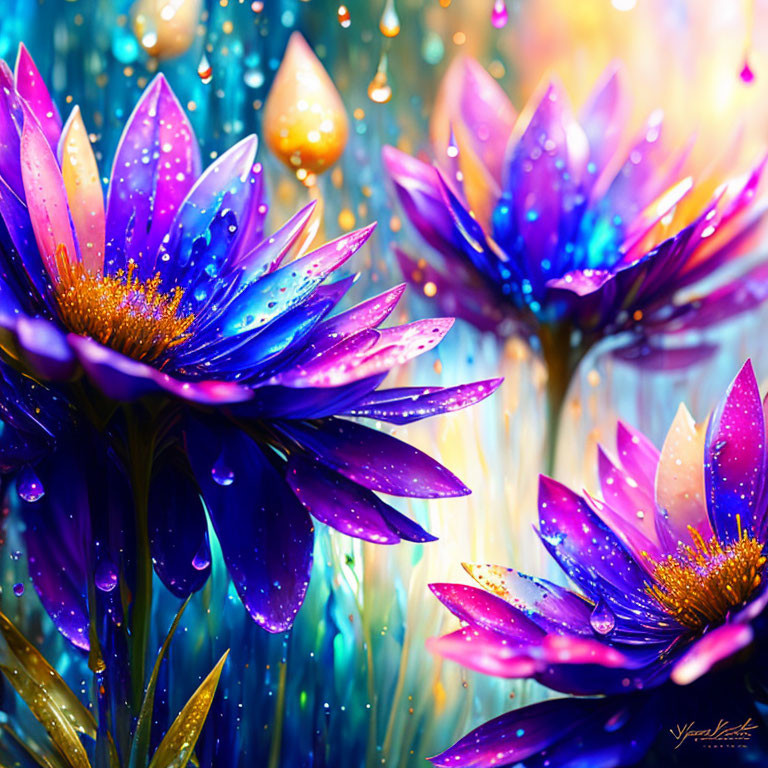 Colorful Digital Flowers: Purple and Blue Petals, Water Droplets, Golden Centers