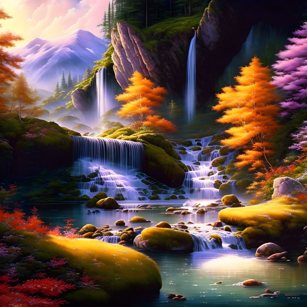 Scenic landscape with waterfalls, autumn trees, mossy rocks, serene waters, and snow-c