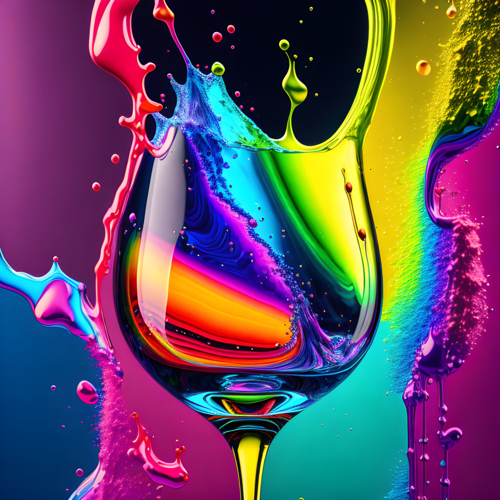 Colorful digital artwork: Wine glass with splashing liquid on vibrant multicolored background