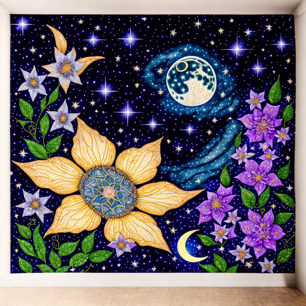 Colorful cosmic mural featuring yellow flower, stars, moon, planets, and purple flowers