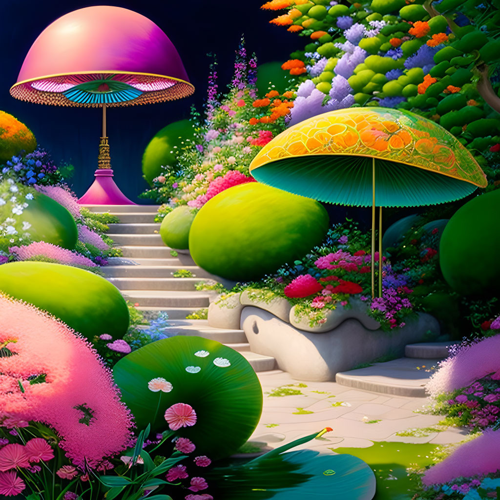 Colorful fantasy garden with whimsical umbrellas, staircase, and starlit sky