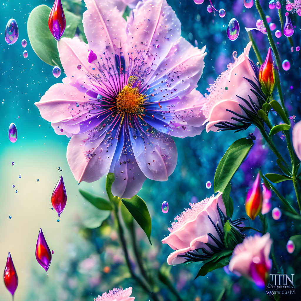 Pink Flower with Yellow Center Surrounded by Buds on Blue-Purple Background