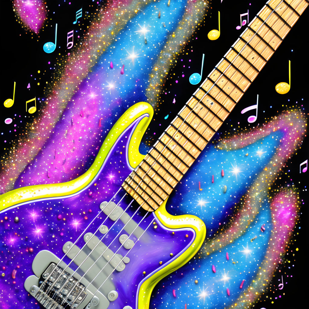 Colorful Electric Guitar Illustration on Cosmic Background