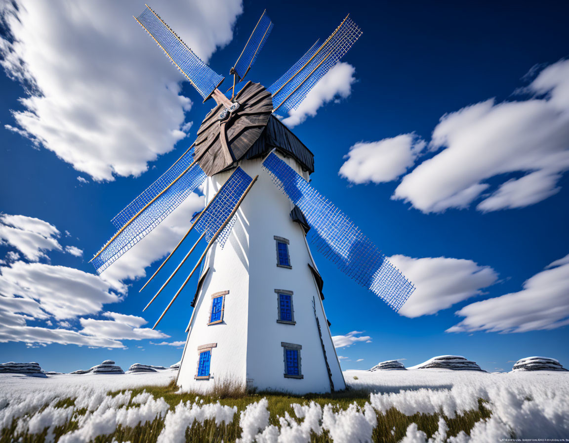 Traditional white windmill under vivid blue sky with fluffy clouds in snowy landscape