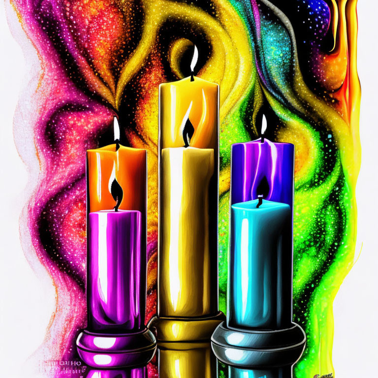 Colorful Swirling Background with Melting Wax Candles