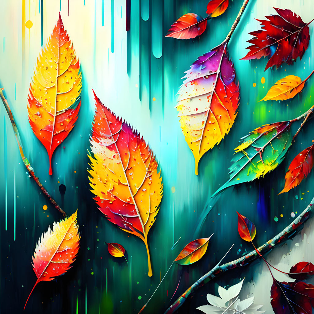 Vibrant autumn leaves in red, yellow, and orange on teal background.