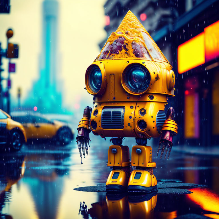 Yellow cone-headed robot strolling in rain-soaked city street