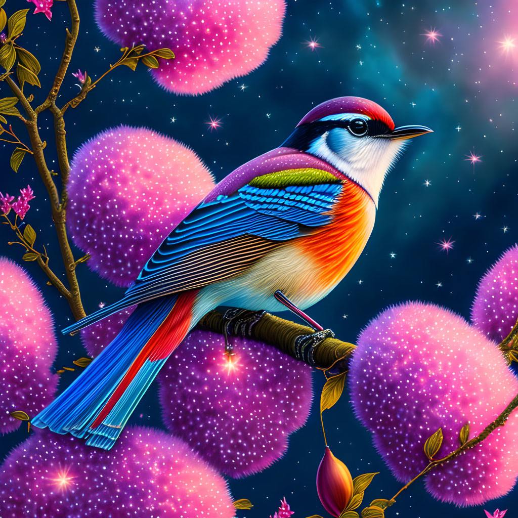 Colorful Bird Perched on Branch Among Pink Blossoms at Night