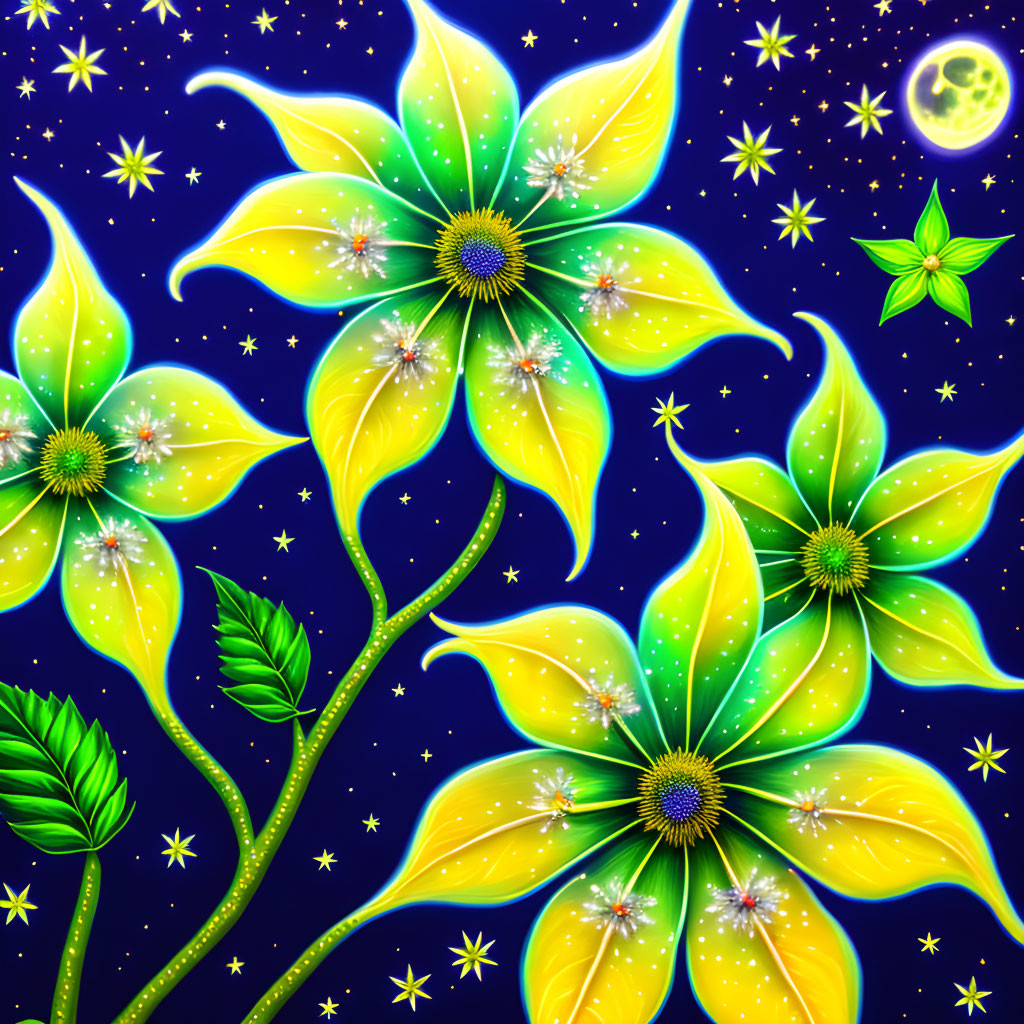 Luminescent green flowers on starry night sky with crescent moon