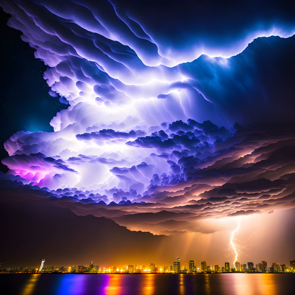 Dramatic cityscape thunderstorm with purple and blue lightning reflections