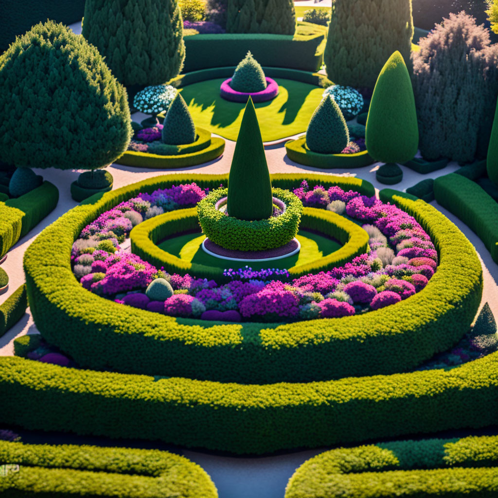 Symmetrical topiary and vibrant flowers in circular patterns in a sunlit garden