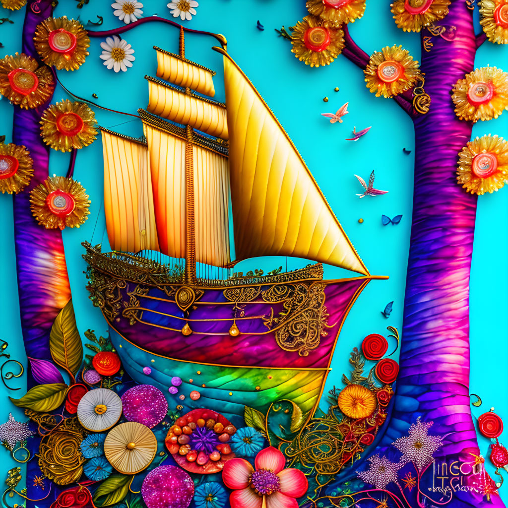 Colorful Illustration of Stylized Ship Surrounded by Flowers and Trees