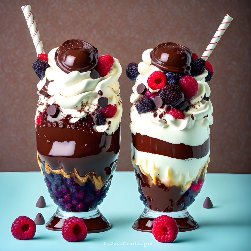 Layered Berry Parfaits with Whipped Cream, Chocolate Sauce, Berries, and Straw on