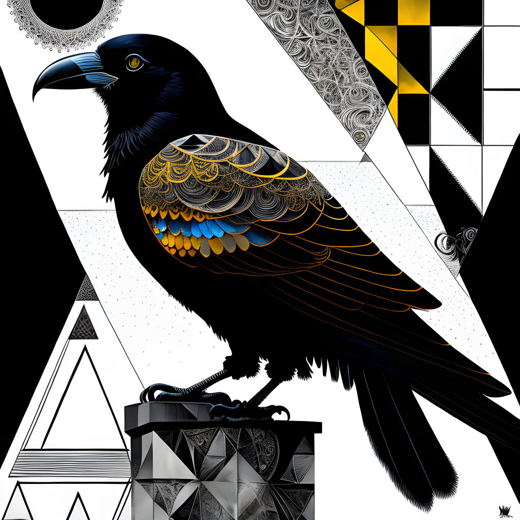 Stylized black raven with gold patterns on pedestal against geometric background