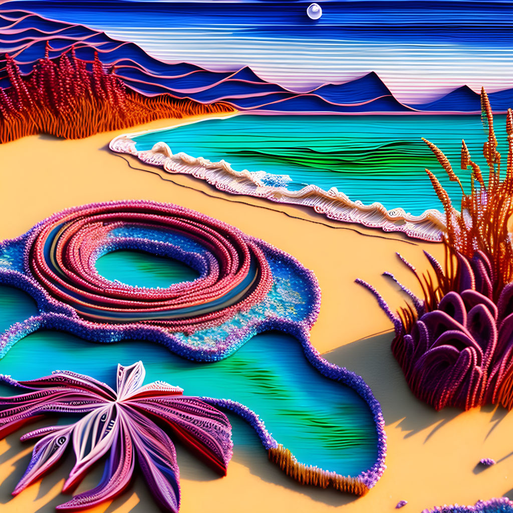 Vibrant paper art of seascape with coral formations & crescent moon