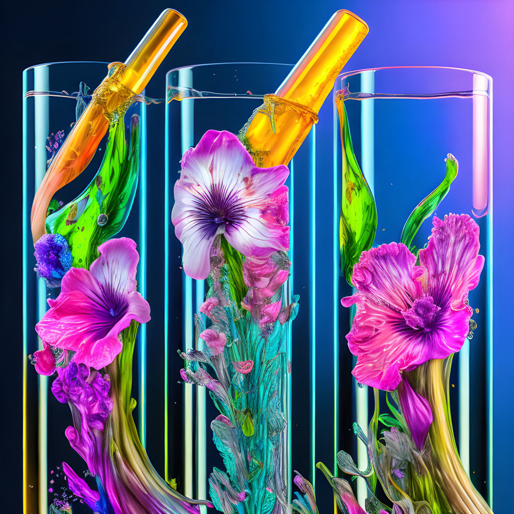 Vibrant liquid in test tubes with colorful flowers on dark background