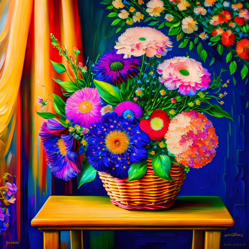 Colorful bouquet in wicker basket on table with lush curtains