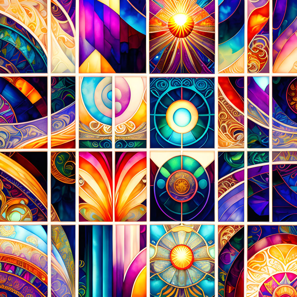 Colorful Stained Glass Art Collage: Abstract and Geometric Designs