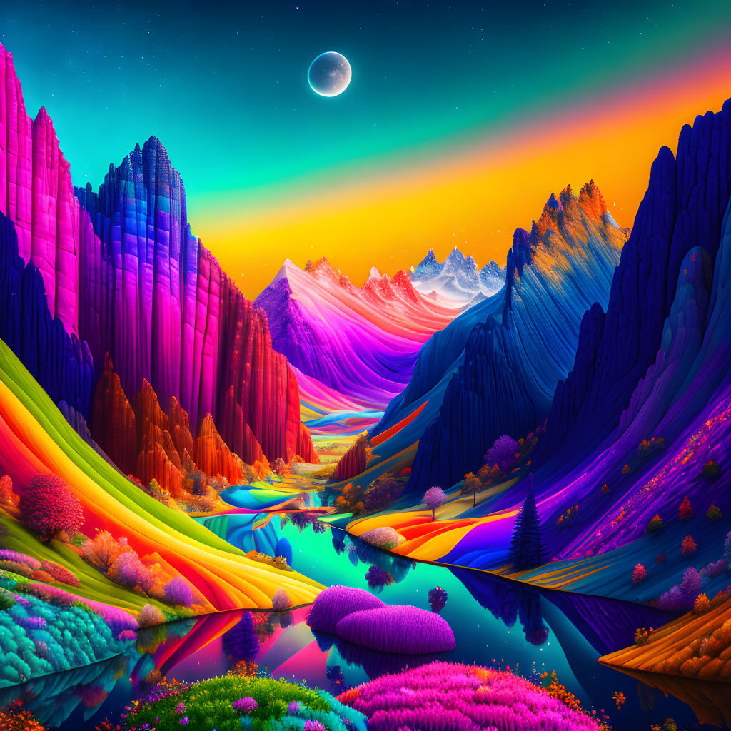 Colorful Surreal Landscape with Mountains, Rivers, Flora, Starry Sky