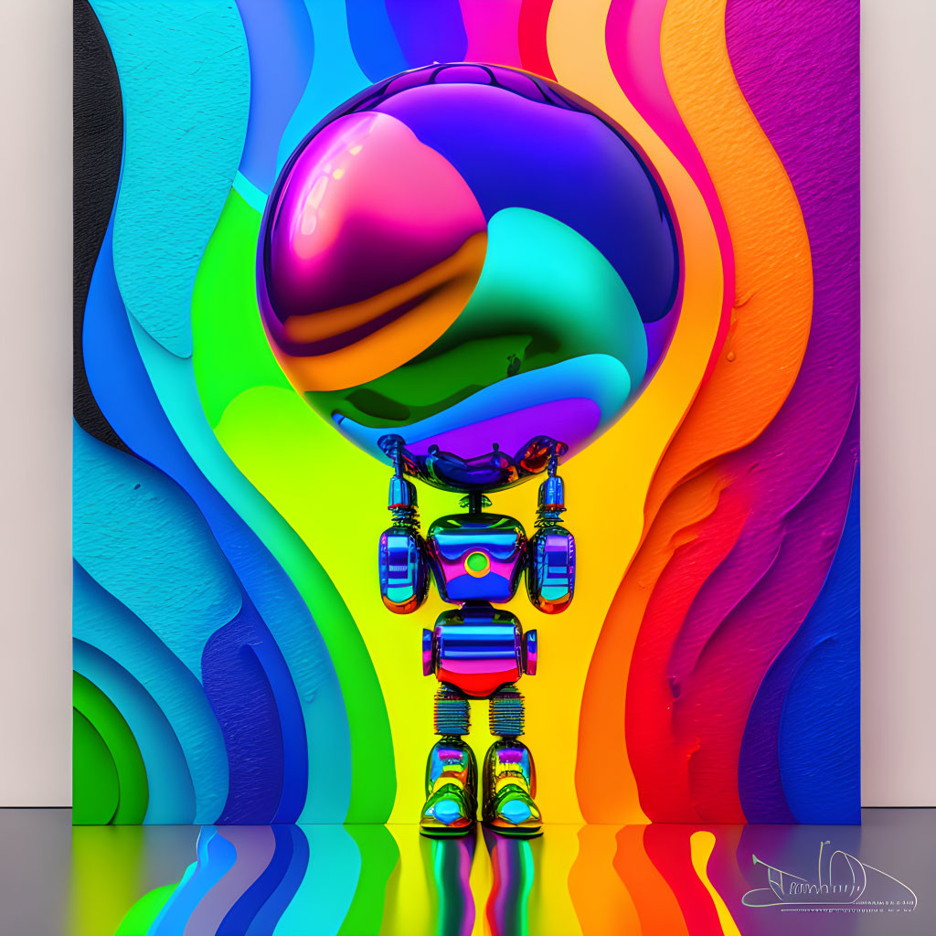 Colorful Robot with Rainbow Head on Vibrant Background