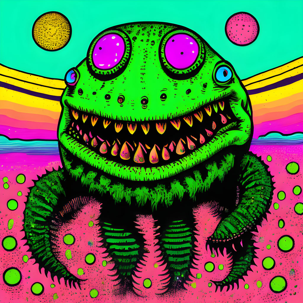 Vibrant psychedelic monster in neon landscape with two suns