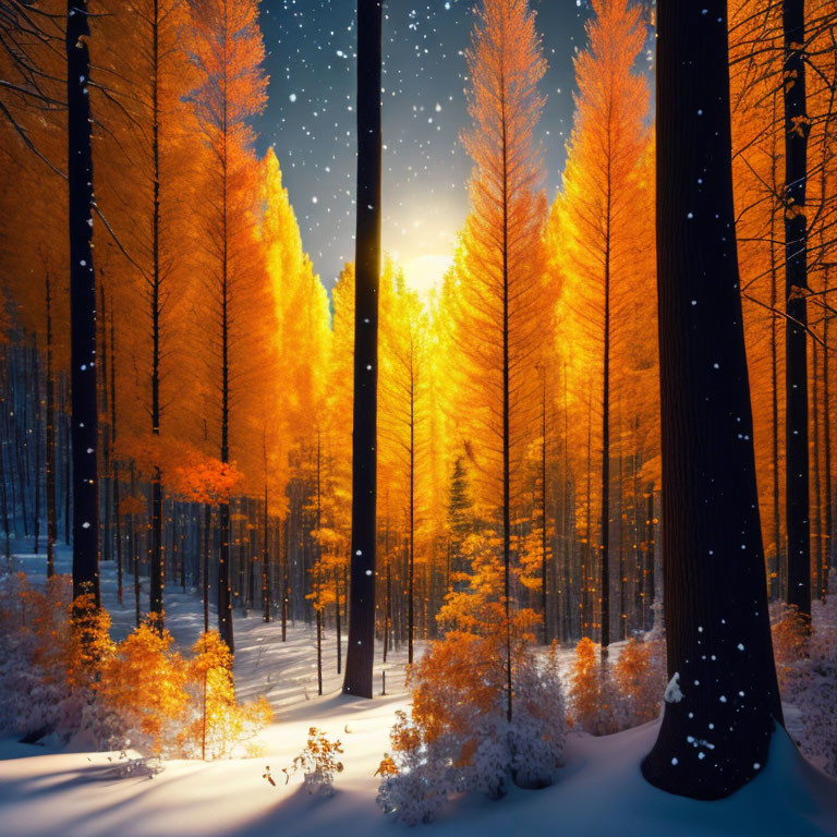 Winter forest sunset scene with snow, dark tree trunks, and golden leaves