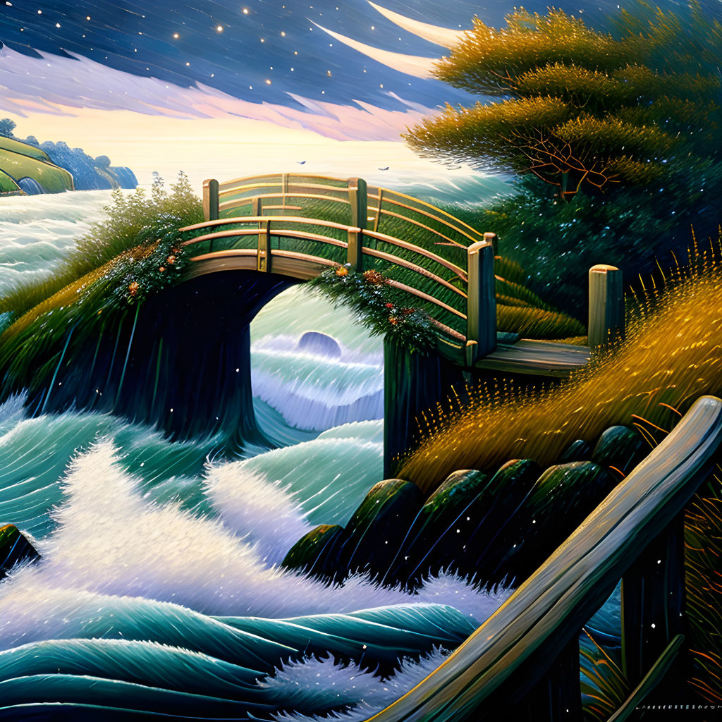 Illustration: Wooden bridge over river in starry twilight