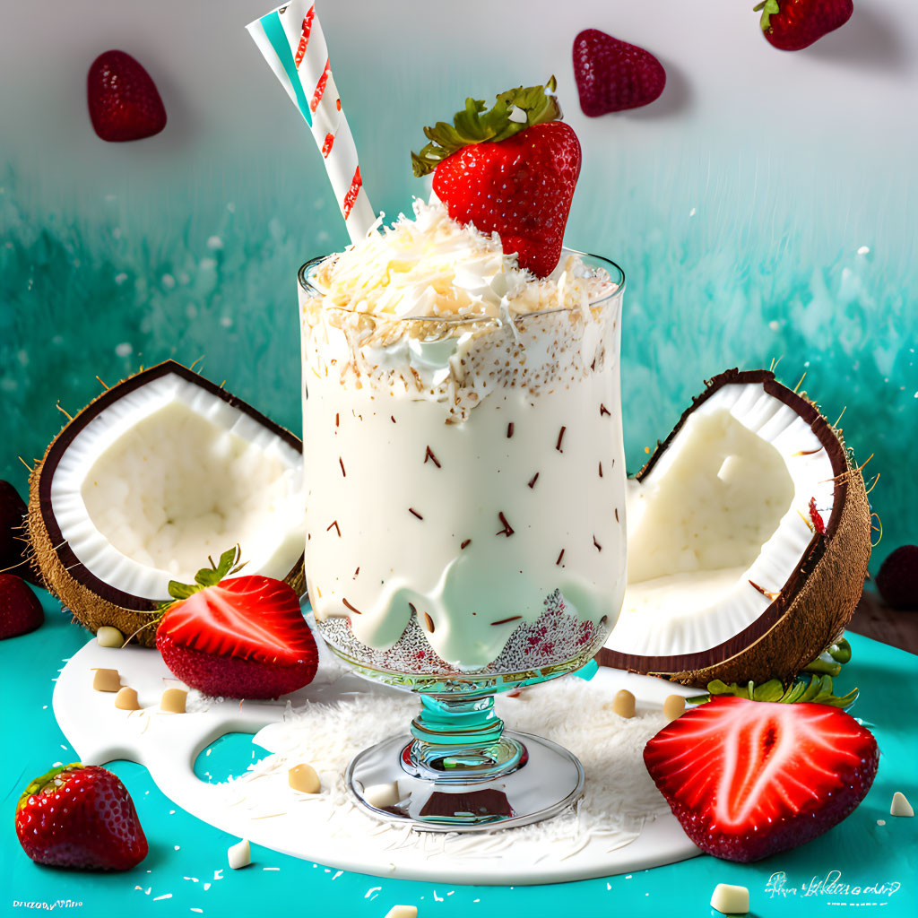 Colorful Coconut Milkshake with Whipped Cream and Fresh Strawberry