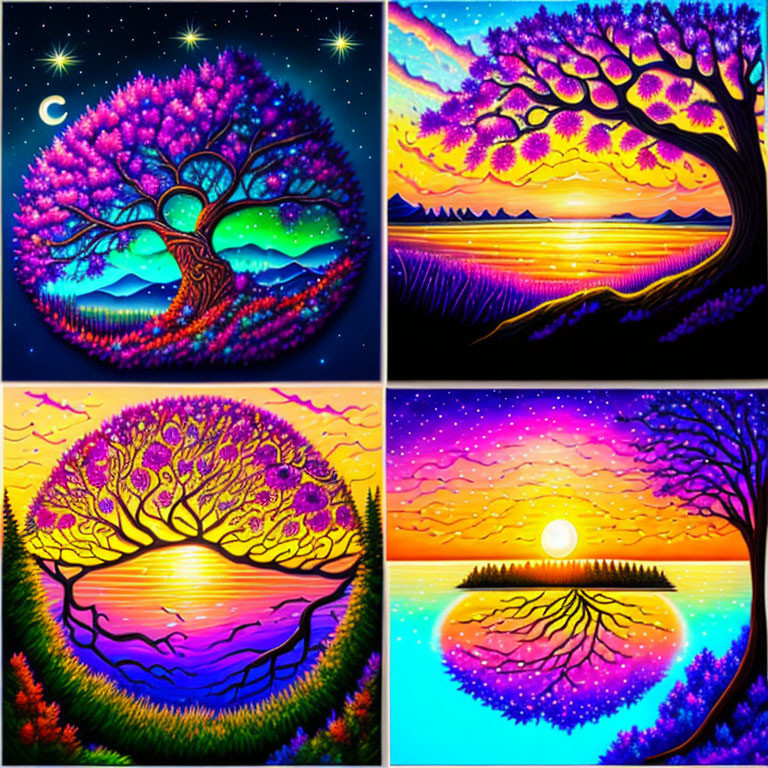 Colorful Stylized Tree Paintings: Day & Season Variations