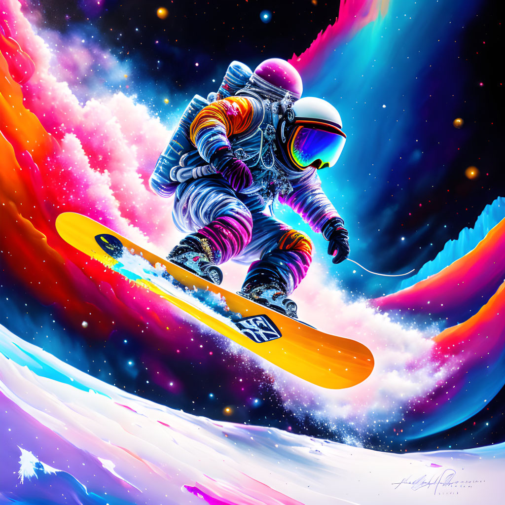 Astronaut snowboarding in cosmic galaxy backdrop