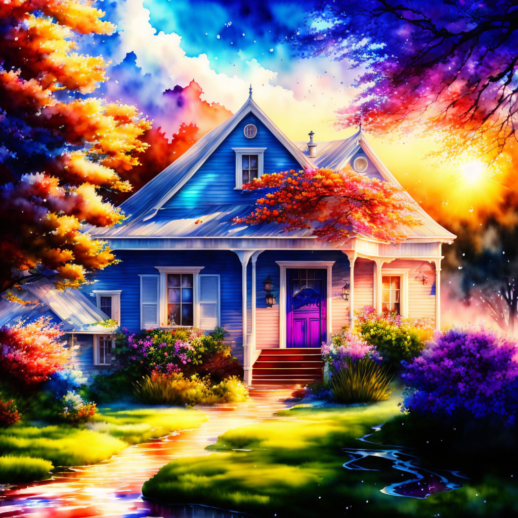 Colorful Cottage Surrounded by Gardens at Sunset