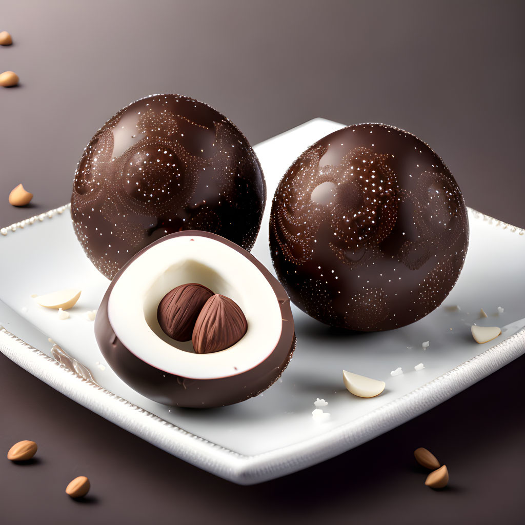 Gourmet Chocolate Eggs with Glossy Finish and Nuts on White Plate