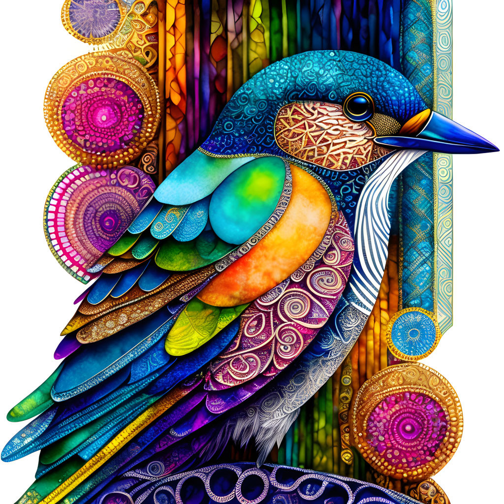 Colorful bird illustration with intricate mosaic patterns and vivid colors