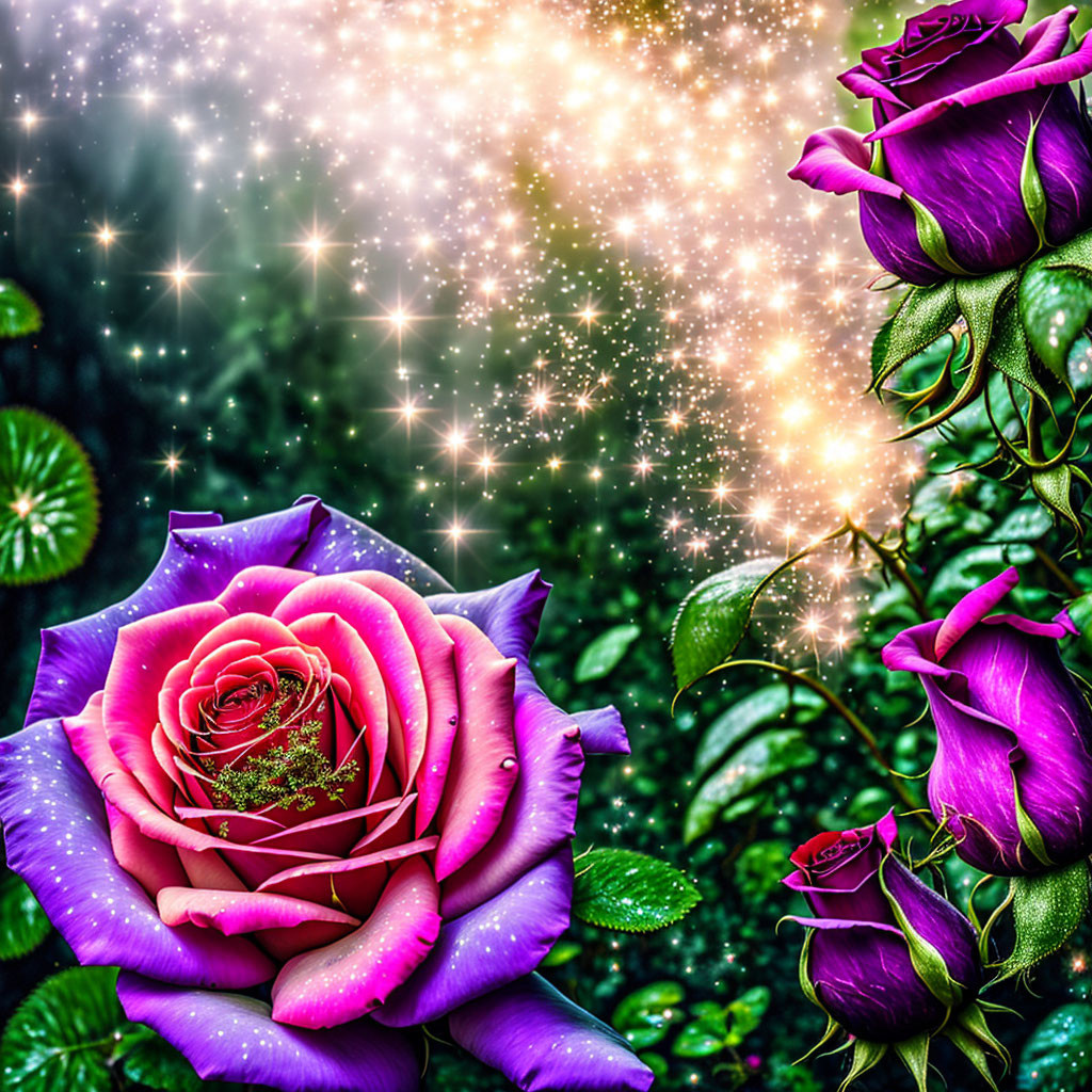 Digital Art: Pink Roses in Galaxy Background with Green Foliage