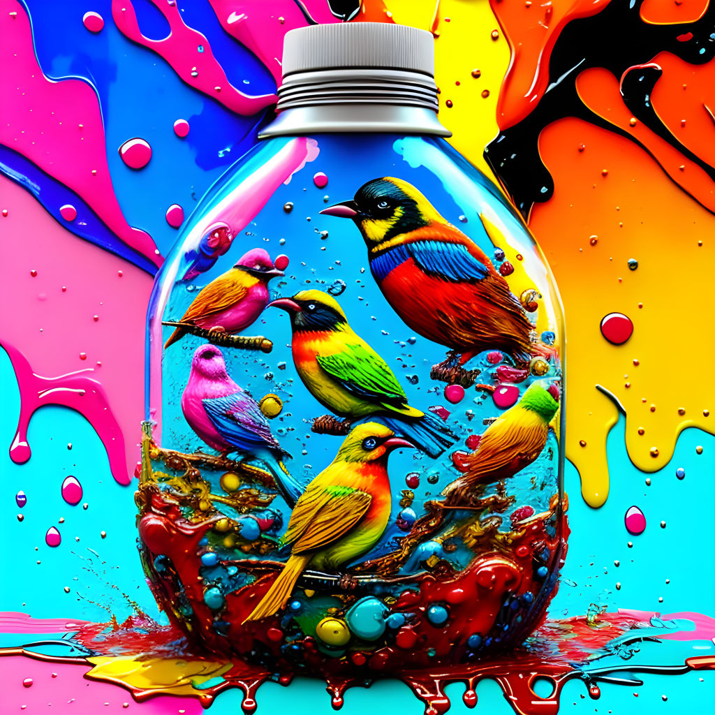 Colorful Birds in Clear Bulb with Abstract Paint Splashes