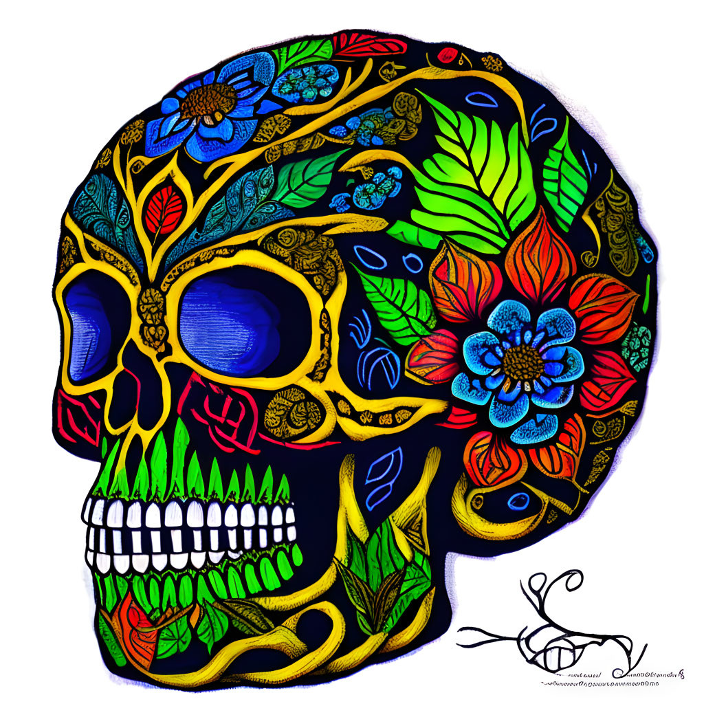 Colorful Skull Illustration with Floral and Foliage Patterns